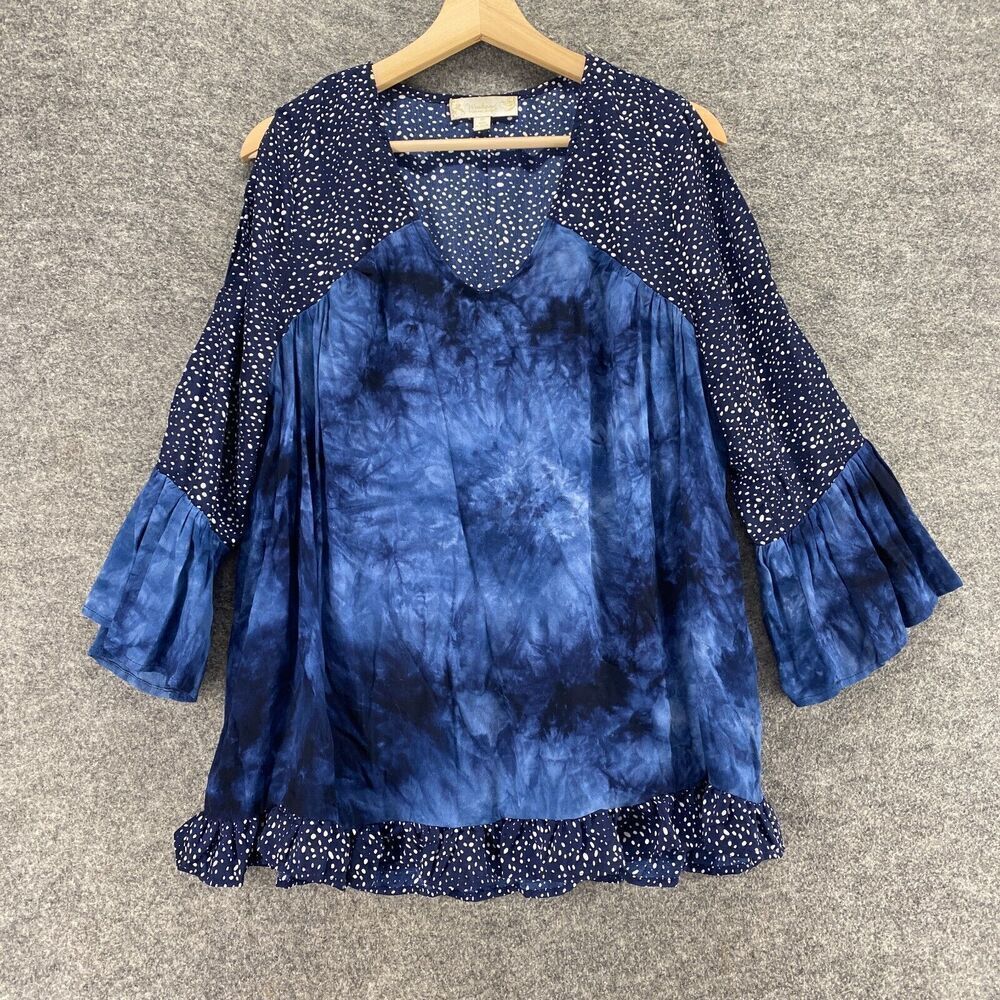 Weekend Blouse Women M Medium Blue Colorblock V-Neck Cold Shoulder 3/4 Sleeve